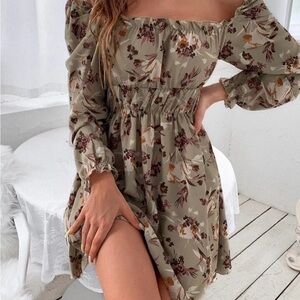 SHEIN Olive Floral Long Sleeve Dress